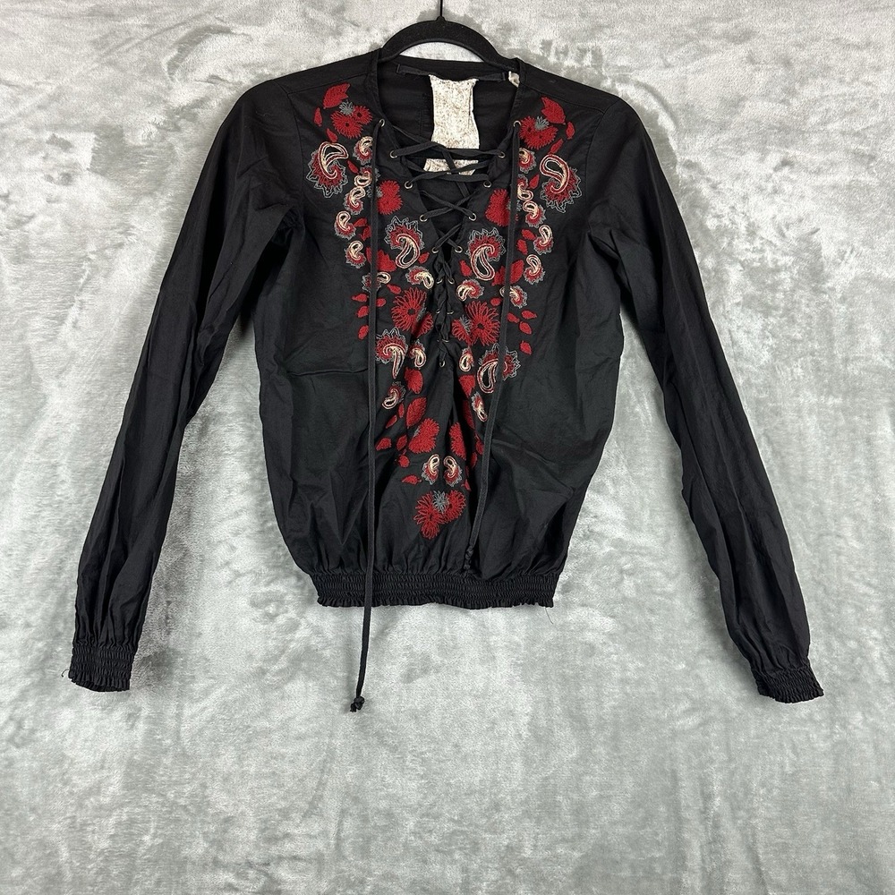 Da-Nang Top Women's XS Black Red Embroidered Floral Lace Up Y2K